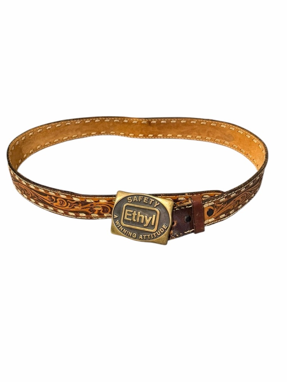 1981 Ethyl Buckle Tooled Leather Belt Laced Edges Marked Top Grain Cowhide Sz 38